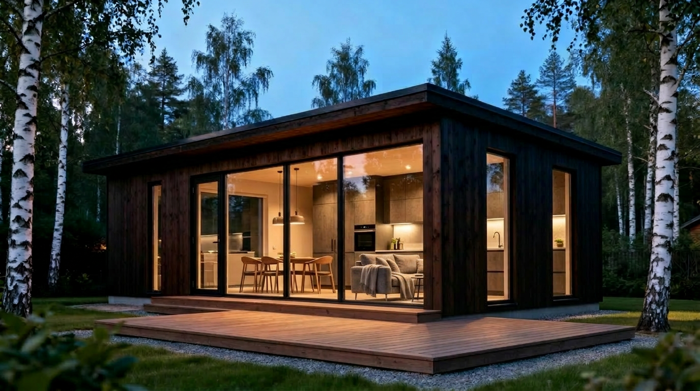 Moderni pihasauna iltavalaistuksessa