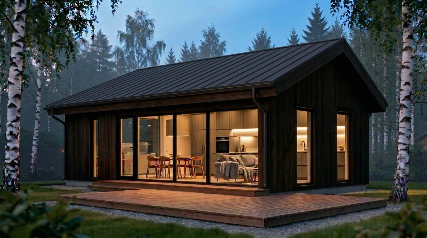 Moderni pihasauna iltavalaistuksessa